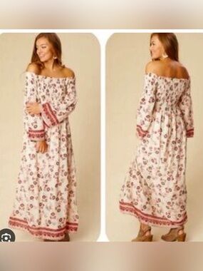 Altar'd State White Off-Shoulder Floral Maxi Dress with Pink Border